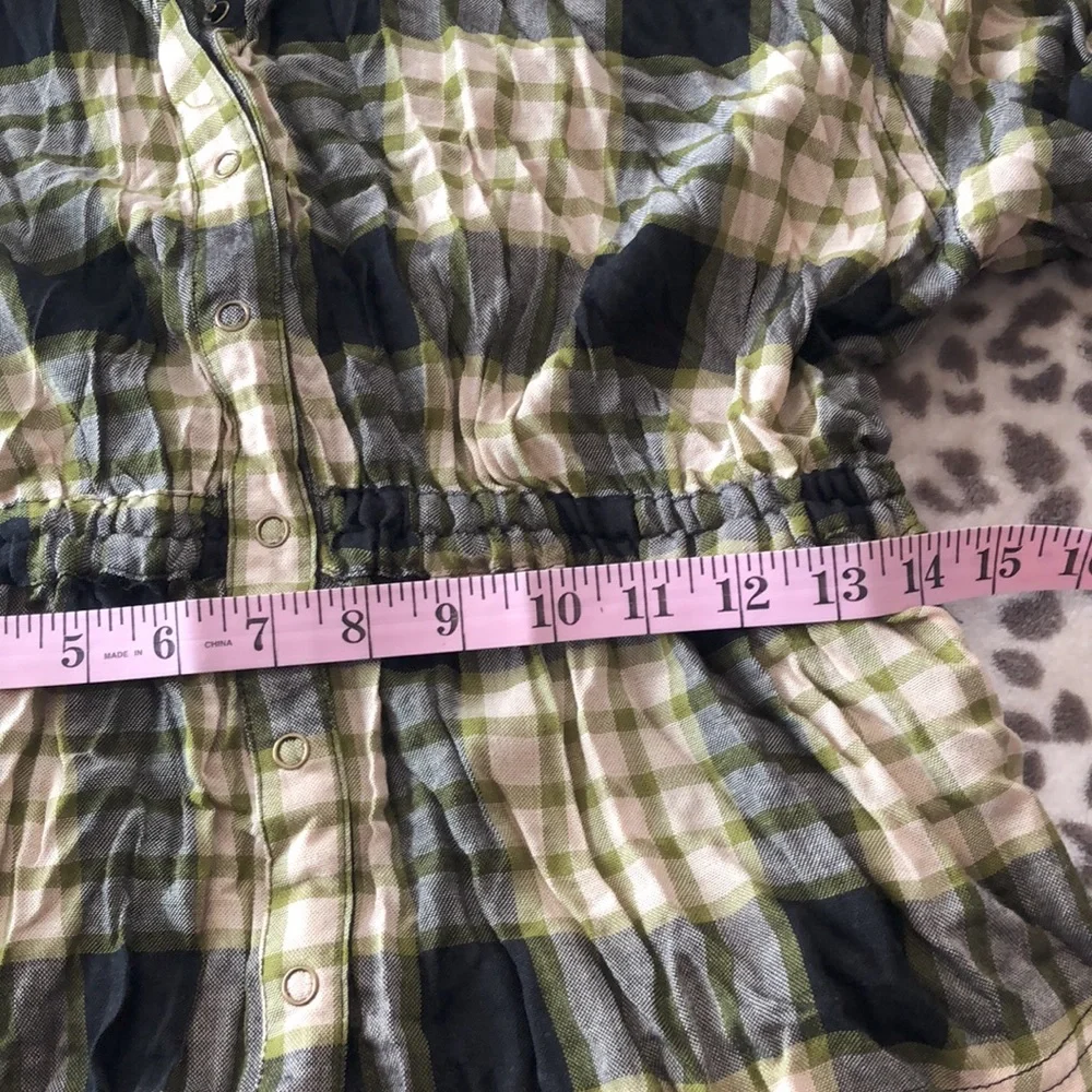 Free People Black Plaid Ruched Sleeve Pacific Dawn Button Down Shirt Small